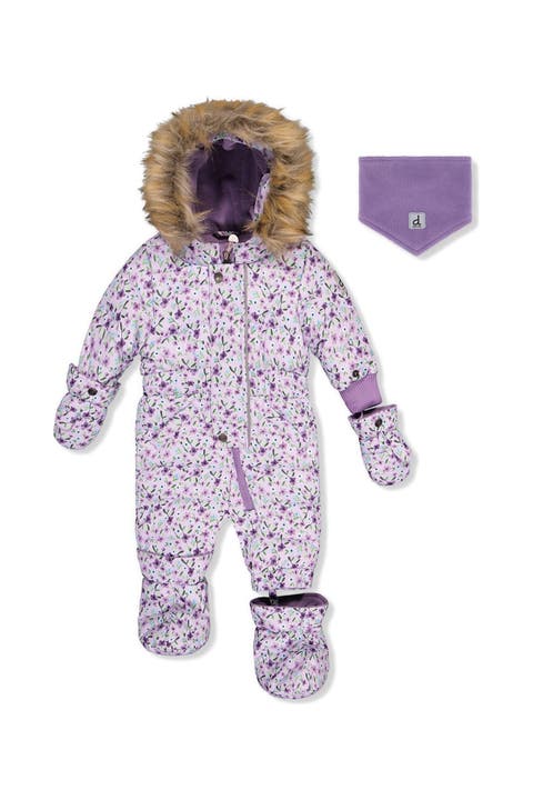 Mini Flowers Original One Piece Puffy Snowsuit with Removable Mittens and Boots