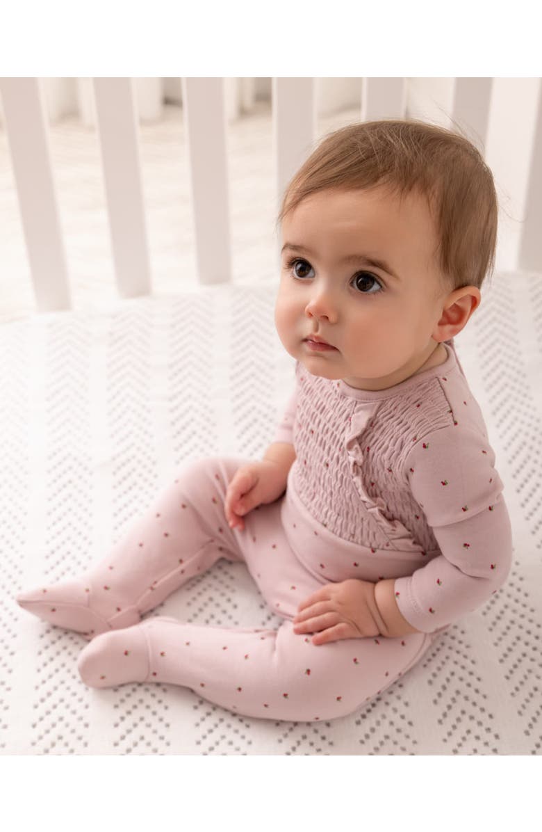 MiniMoi Cotton Ruffled Smocked Footie, Alternate, color, Blush Pink