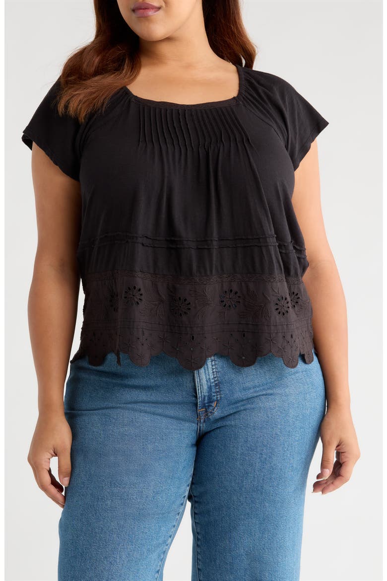 Pintuck Eyelet Embroidered Cap Sleeve Cotton & Modal Top, Main, color, METEORITE