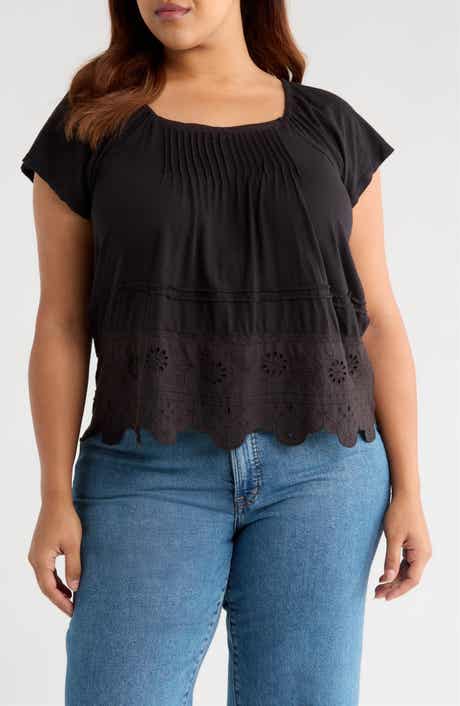 Lucky Brand Pintuck Eyelet Embroidered Cap Sleeve Cotton & Modal Top