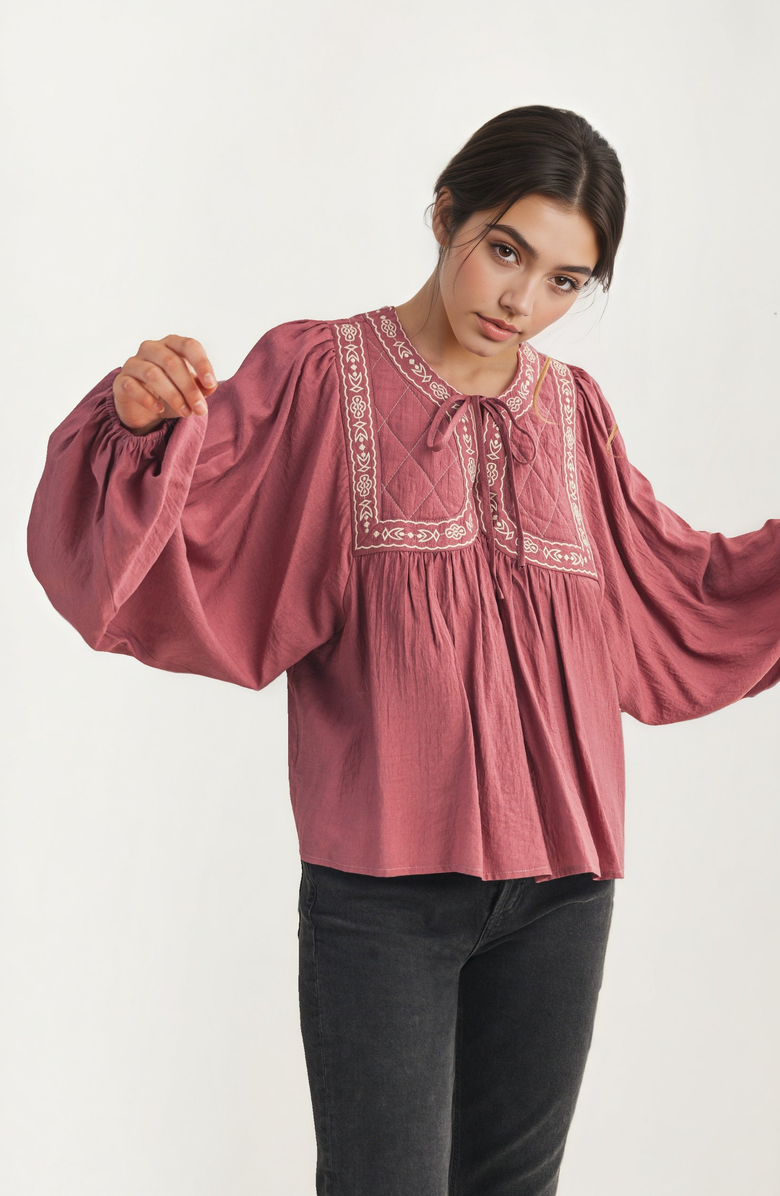 Knit and Lounge Embroidered Yoke Tie Neckline Flowy Long Sleeve Blouse, Alternate, color, Mauve / Dusty Pink