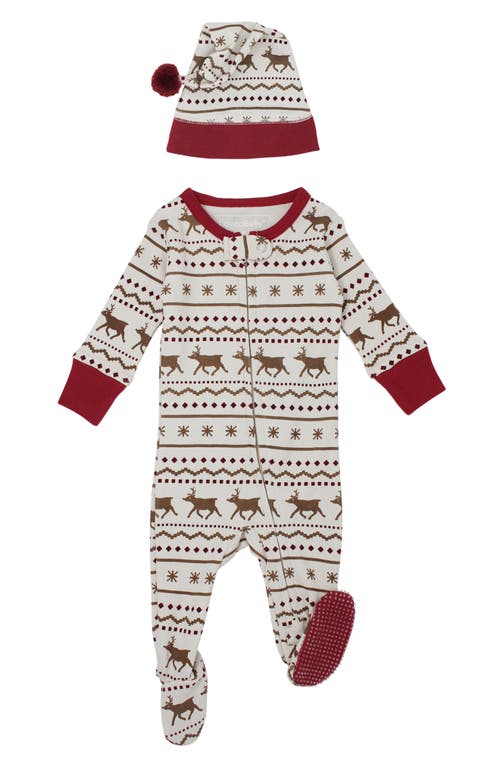 L'Ovedbaby Holiday Organic Cotton Pompom Cap & Zip Footie Set in Fair Isle Rudolph 