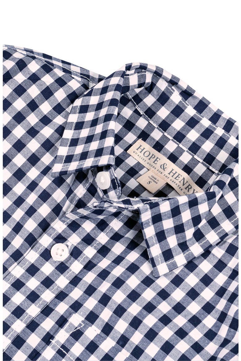 Kids' Organic Long Sleeve Stretch Poplin Roll-Up Button Down Shirt, Alternate, color, Navy Gingham