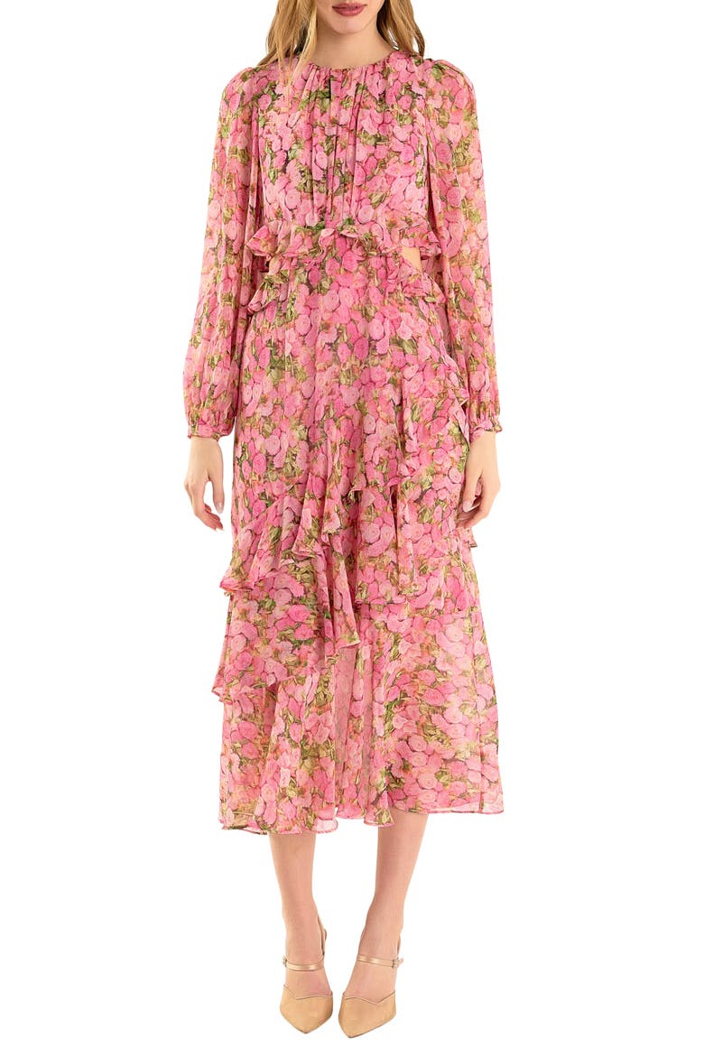Floral Long Sleeve Waist Cutout Chiffon Dress, Main, color, PINK MULTI