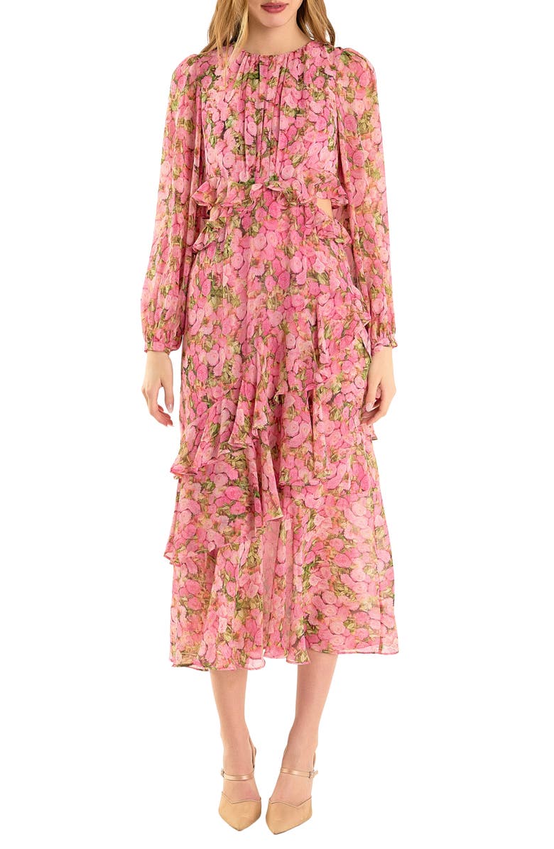 Endless Rose Floral Long Sleeve Waist Cutout Chiffon Dress, Main, color,