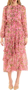 Endless Rose Floral Long Sleeve Waist Cutout Chiffon Dress