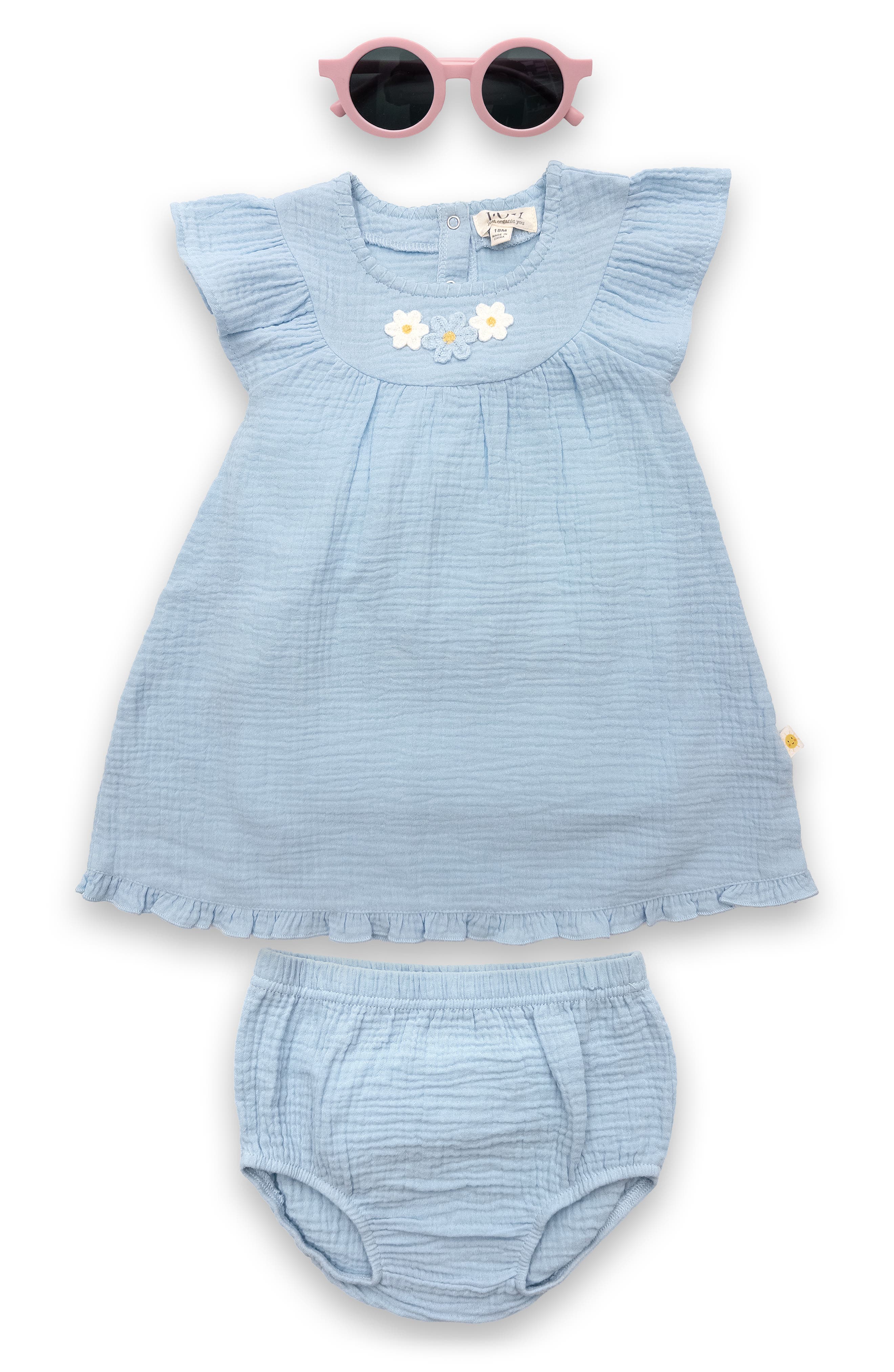 JOY JUST ORGANIC YOU Organic Cotton Gauze Dress, Bloomers & Sunglasses Set
