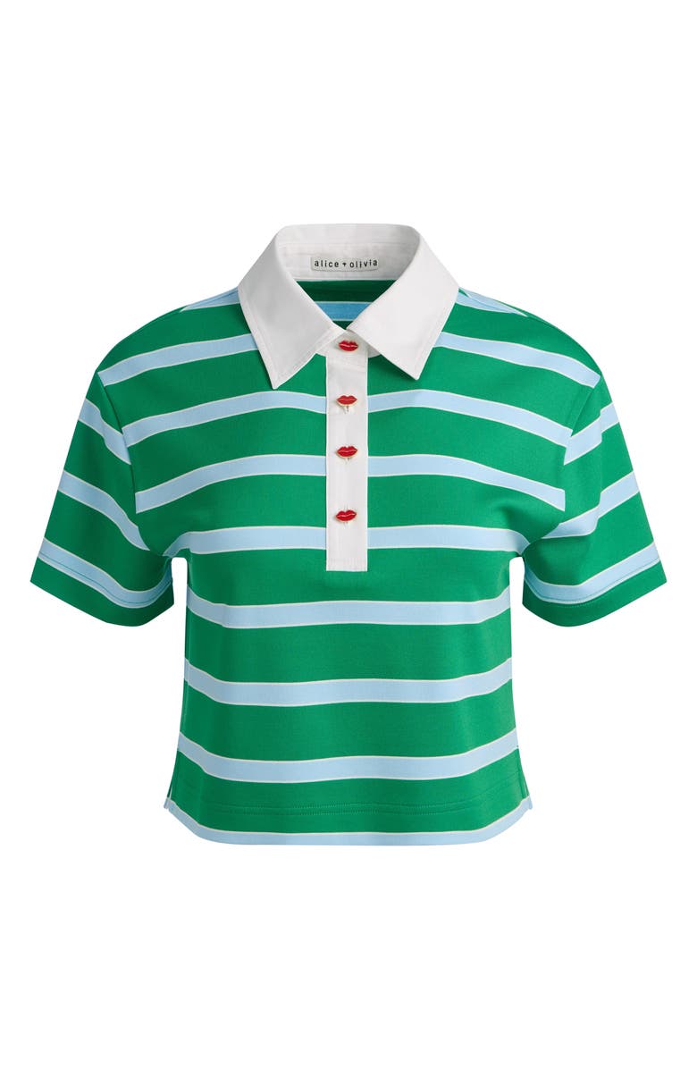 Alice + Olivia Lyle Short Sleeve Rugby Stripe Polo, Alternate, color, Green Apple/ Cloud Sky