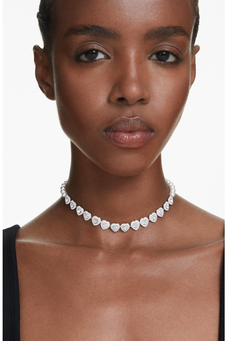 x Ariana Grande Angelic Crystal Heart & Faux Pearl Choker Necklace, Main, color, WHITE/ SILVER
