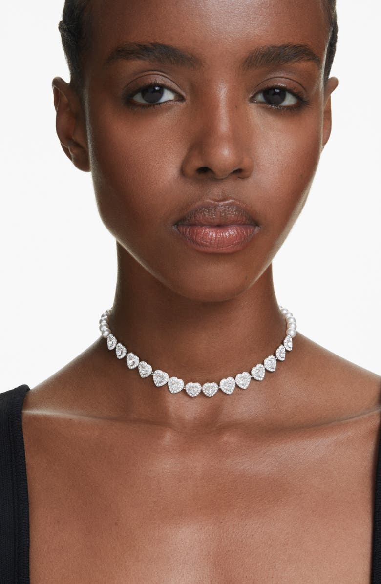 Swarovski x Ariana Grande Angelic Crystal Heart & Faux Pearl Choker Necklace, Main, color,