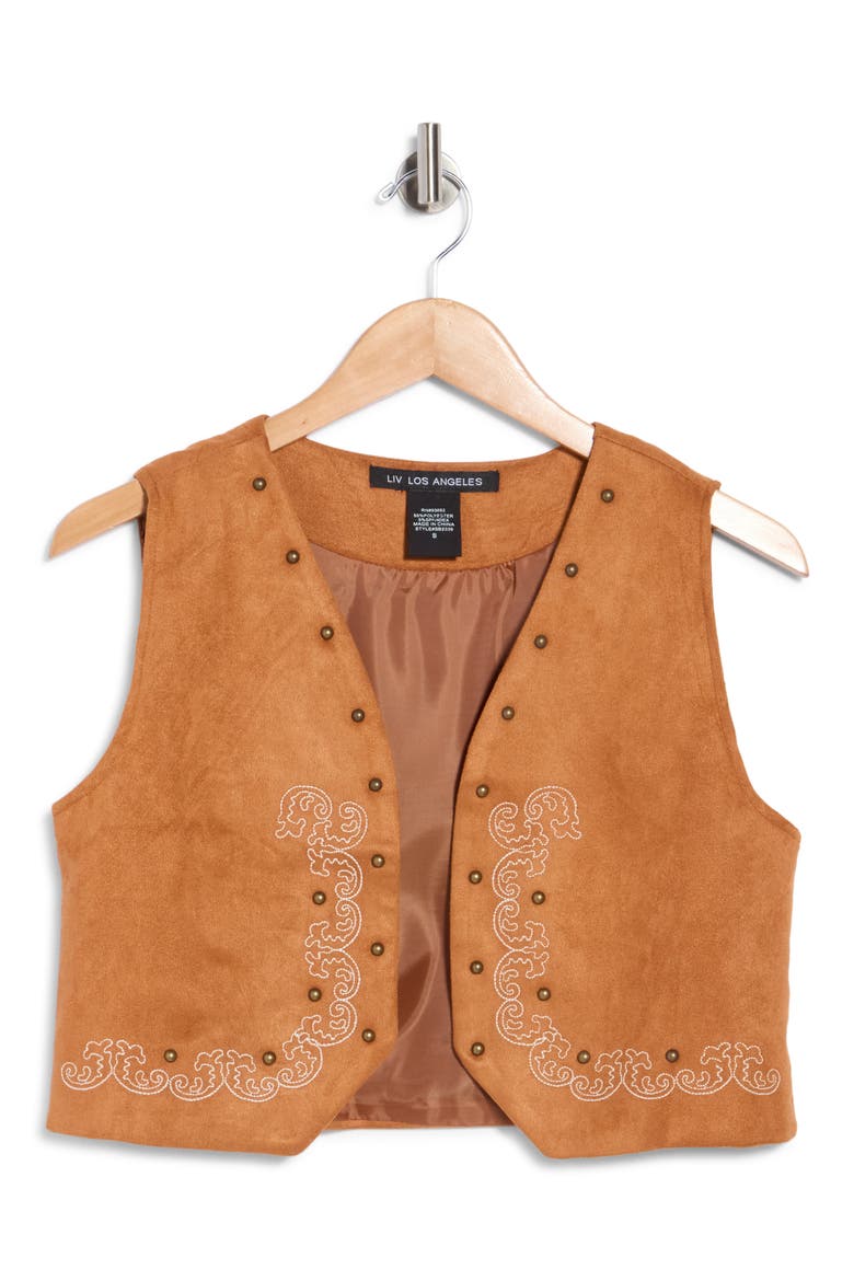 Studded Embroidered Faux Suede Vest, Main, color, CAMEL