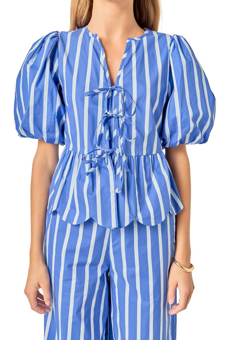 Stripe Tie Front Puff Sleeve Top, Alternate, color, NAVY/ BLUE