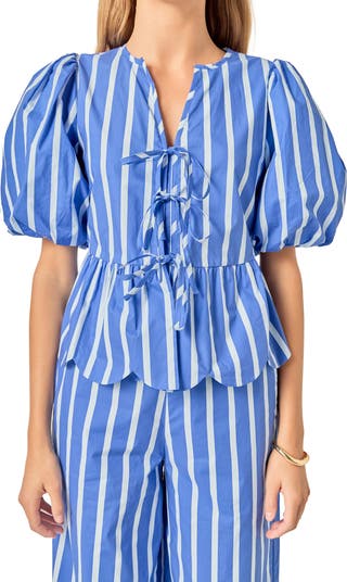 English Factory Stripe Tie Front Puff Sleeve Top | Nordstrom