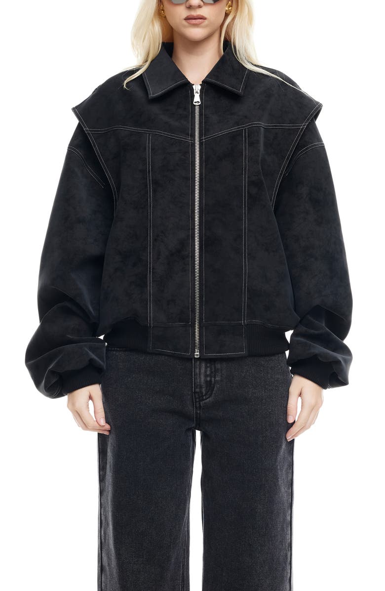 LIONESS Vista Faux Suede Bomber Jacket, Main, color, Onyx