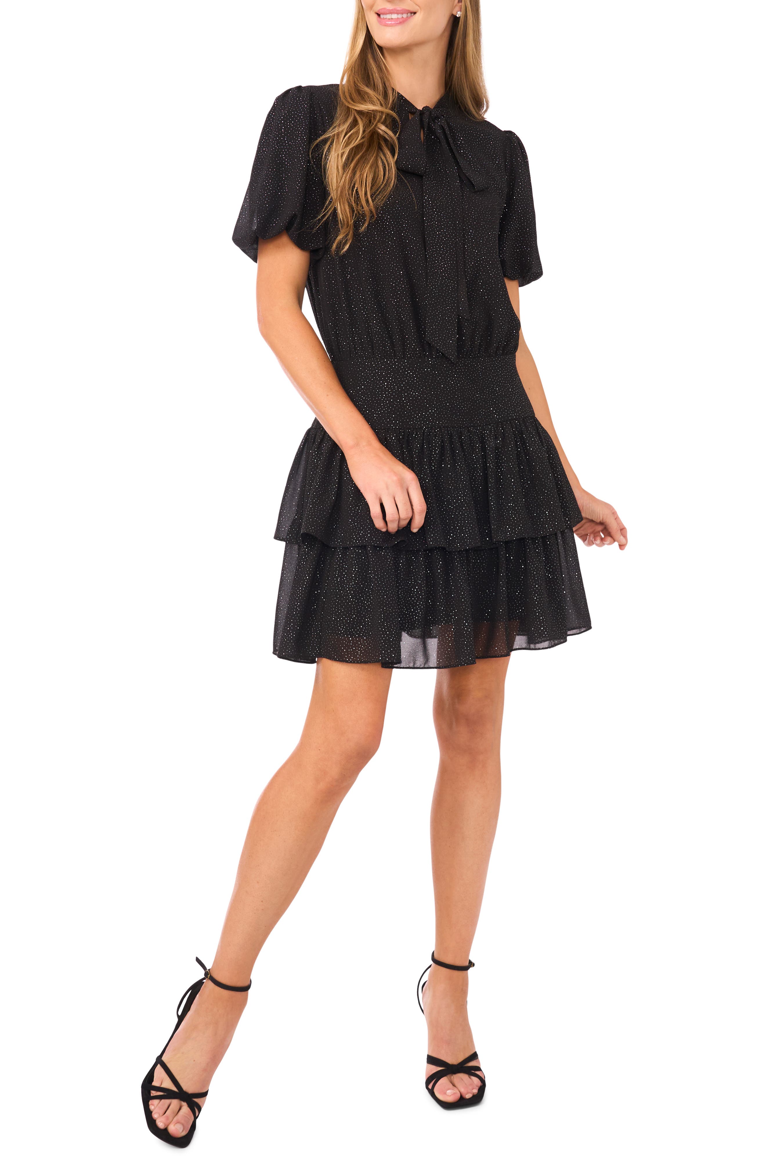 Sparkly Puff Sleeve Tie Neck Tiered Dress