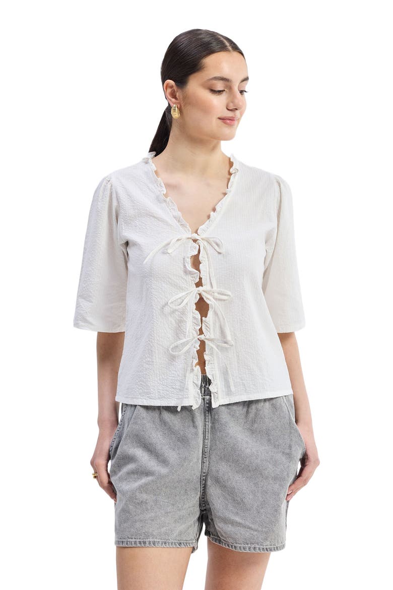 Relaxed Fit Top With Ruffles and Front-Ties, Alternate, color, Striped Horizon