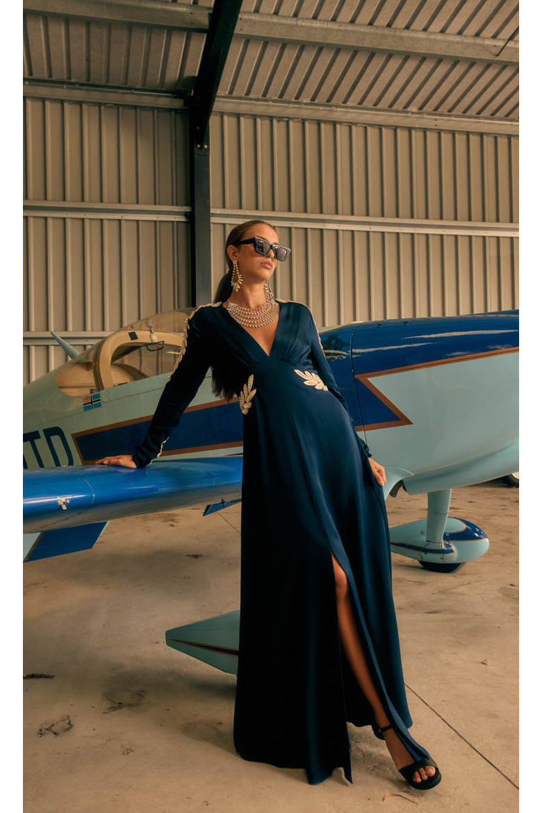 Vine Sleeved Gown, Alternate, color, Midnight