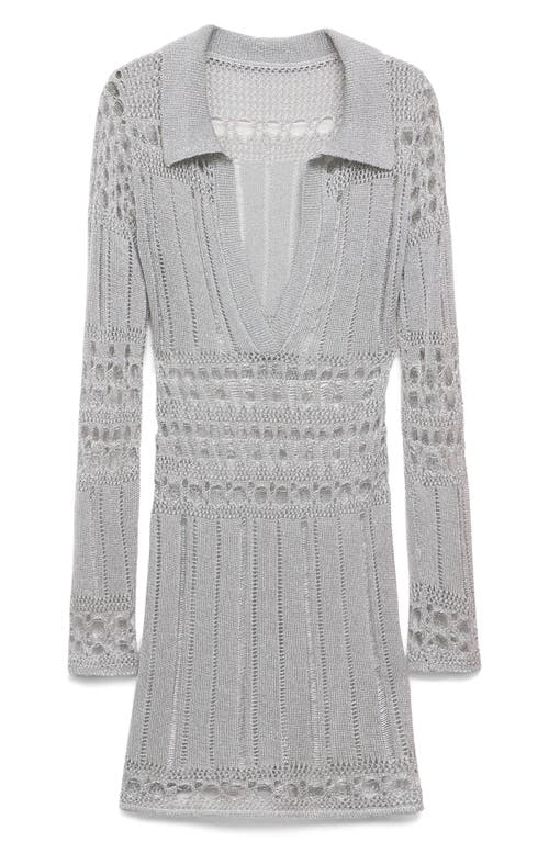 Mango Open Stitch Metallic Long Sleeve Minidress In Silver