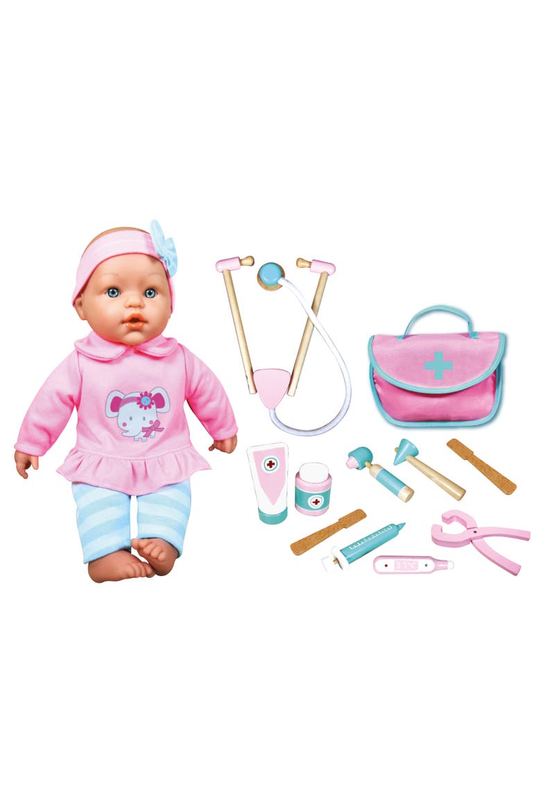 14 Inch Doctor Baby Doll Set, Pink & Blue Elephant Outfit, Wood Accessories, Main, color, Multicolored