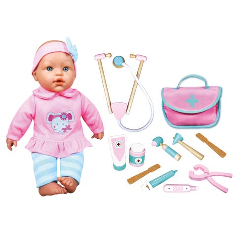 14 Inch Doctor Baby Doll Set, Pink & Blue Elephant Outfit, Wood Accessories