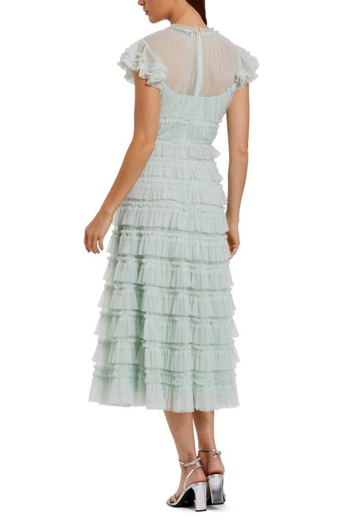 Mac Duggal Solid Mesh Dot Micro Ruffle High Neck Midi Dress In Mint