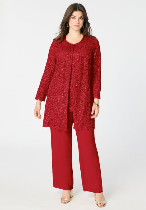 Plus Size 3 Piece Allover Sequin Lace Jacket And Tank Pant Set