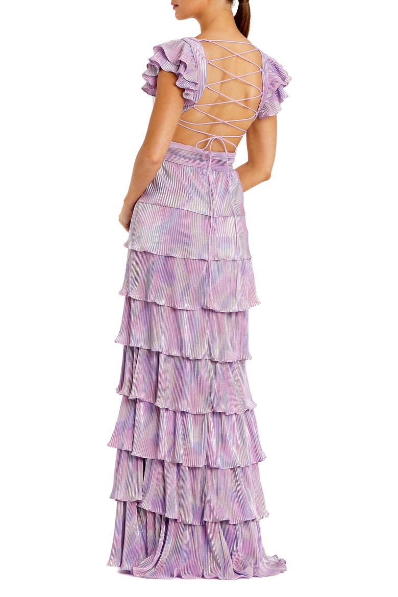 Ruffle Tiered Criss Cross Lace Up Gown, Alternate, color, Purple Multi
