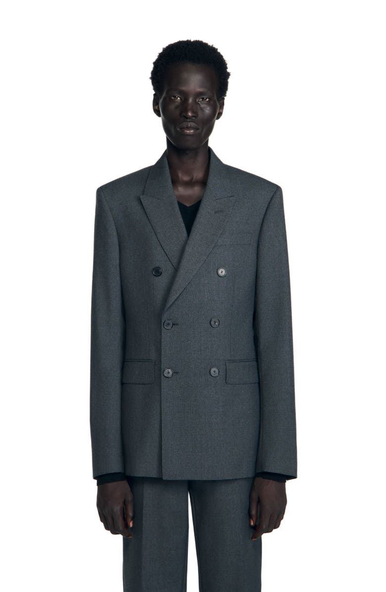 SANDRO Double-breasted classic suit jacket, Main, color, Heather Charcoal