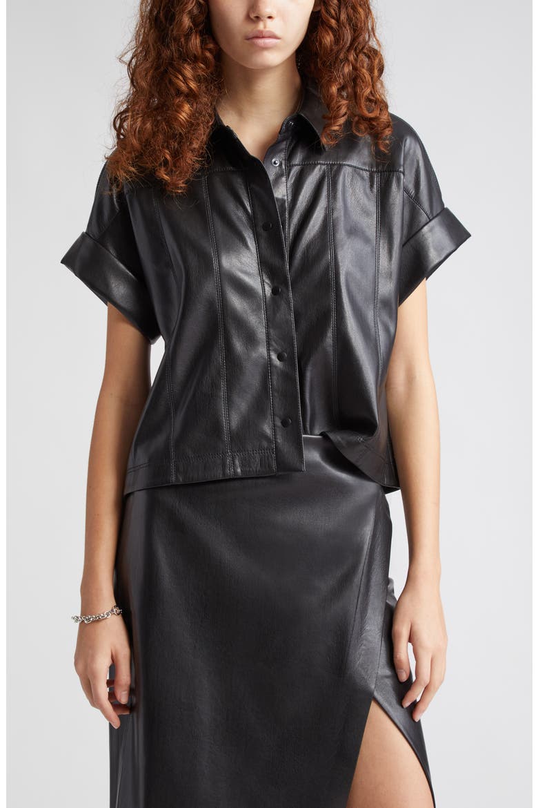 Edyth Faux Leather Snap-Up Shirt, Alternate, color, BLACK