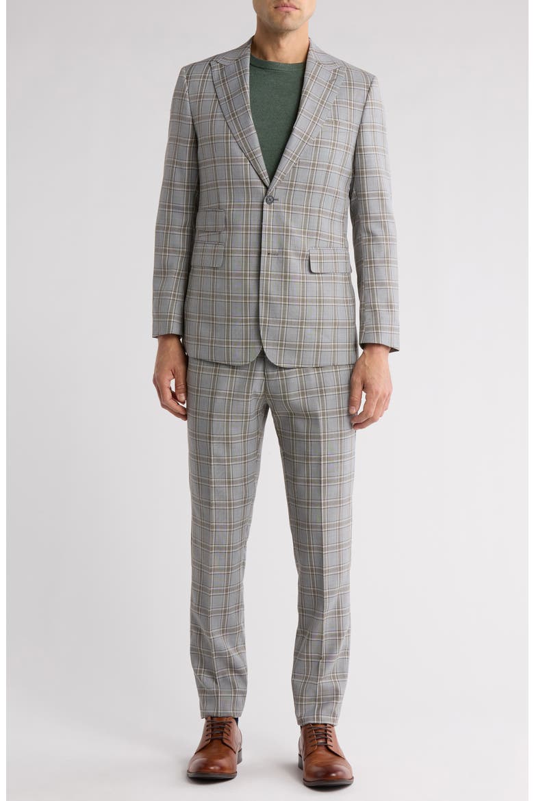 Plaid Khaki Stretch Mélange Suit, Main, color, GREY/ KHAKI