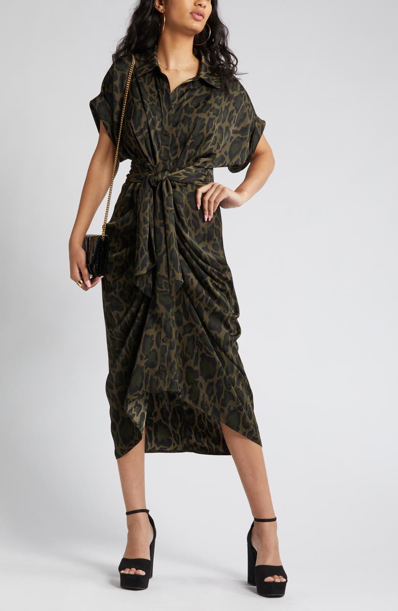 Steve Madden Tori Leopard Print Tie Waist Shirtdress, Main, color, 