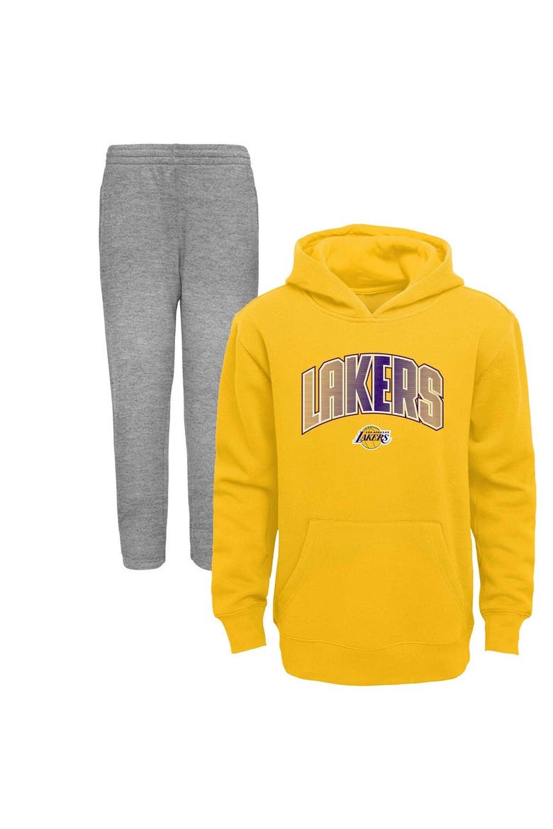 Preschool Gold/Heather Gray Los Angeles Lakers Double Up Pullover Hoodie & Pants Set, Main, color, Gold