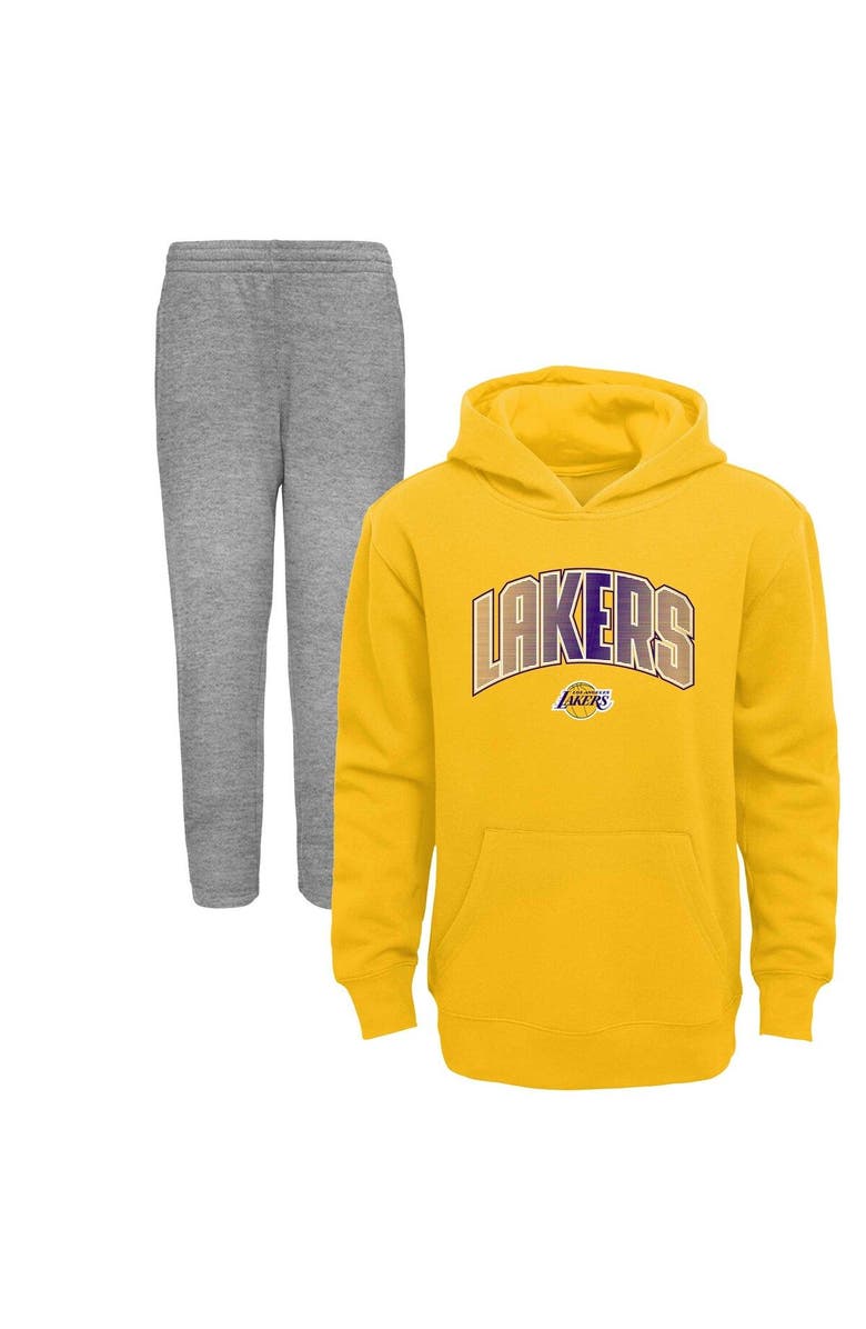 Outerstuff Preschool Gold/Heather Gray Los Angeles Lakers Double Up Pullover Hoodie & Pants Set, Main, color, Gold
