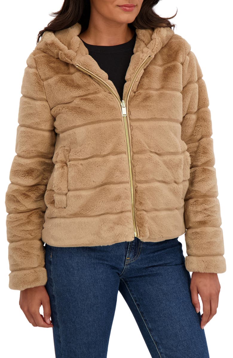 Sebby Hooded Faux Fur Jacket, Alternate, color, Camel