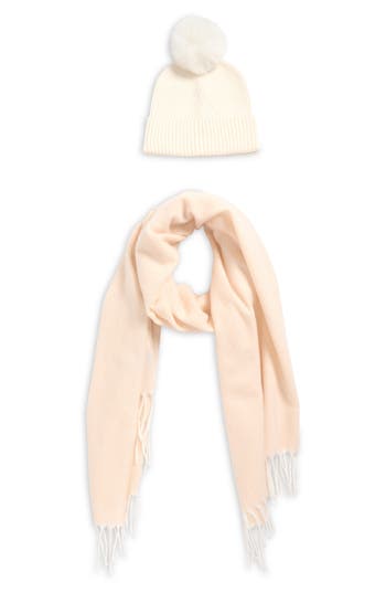 Vince Camuto Chevron Wrap Scarf & Faux Fur Pompom Beanie Set In Neutral