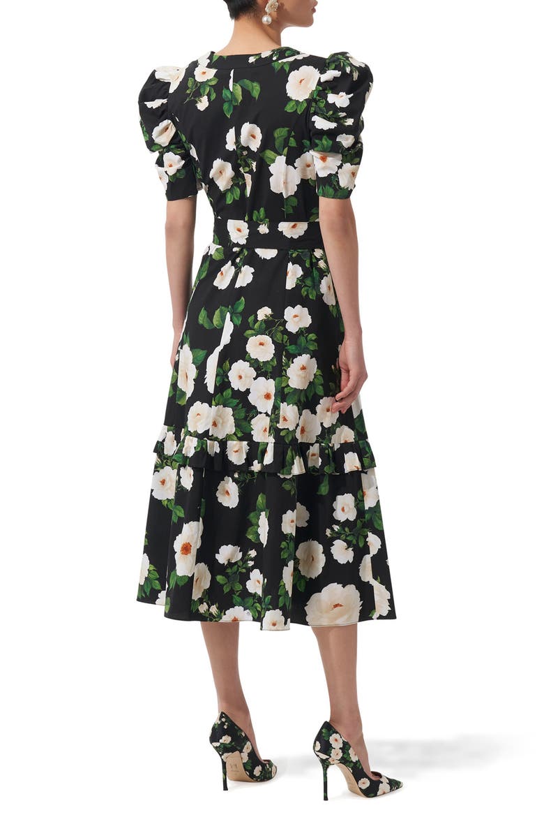 Floral Puff Sleeve Stretch Midi Dress, Alternate, color, BLACK MULTI