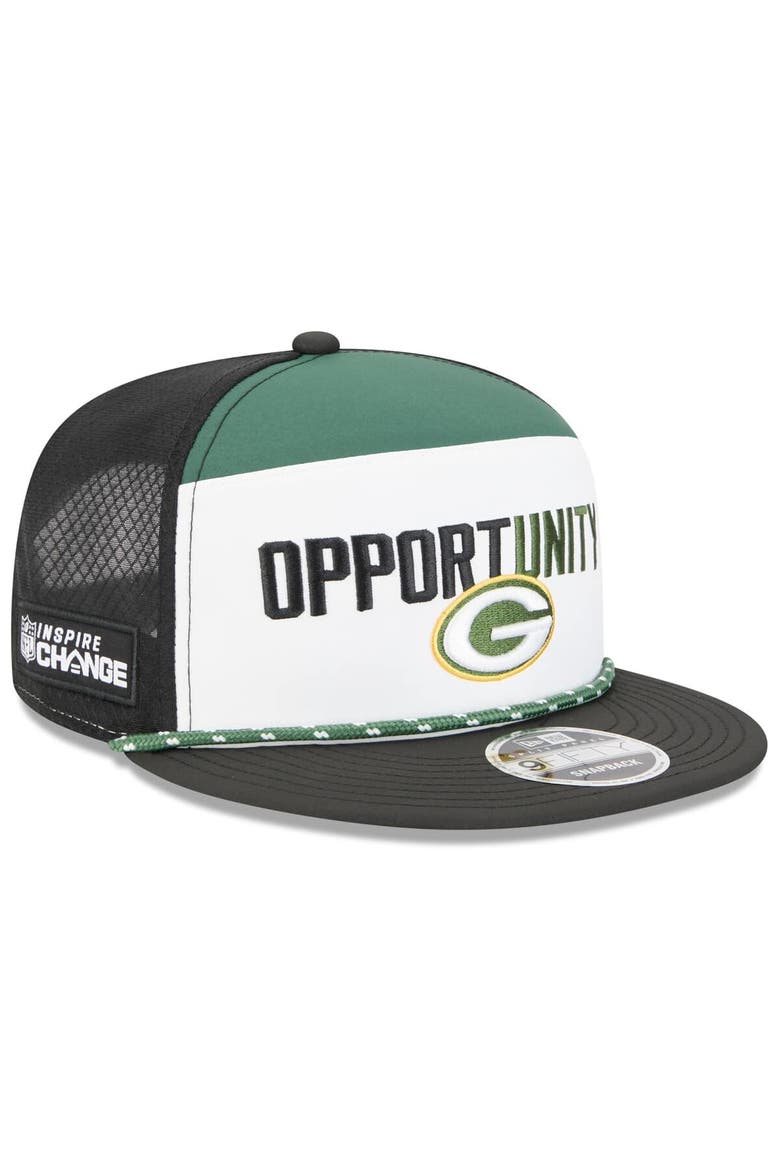 Men's New Era White/Black Green Bay Packers 2025 Inspire Change Split Panel 9FIFTY Snapback Hat, Main, color, White