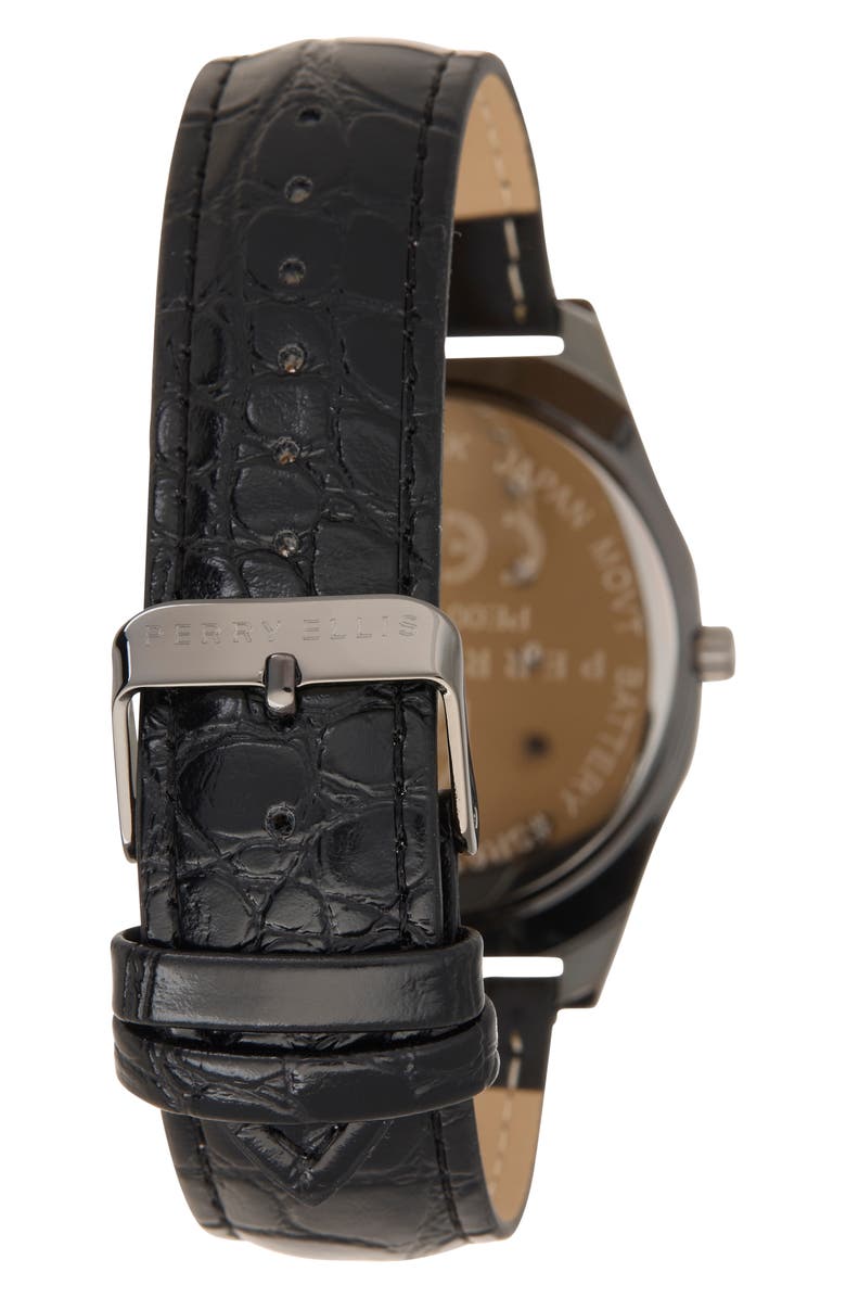 Perry Ellis Diamond Ultraslim Faux Leather Strap Watch, 40mm, Alternate, color, Silver