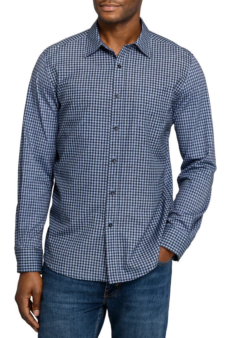 Reworked Slim Fit Navy Gingham Check Cotton Button-Up Shirt, Main, color, BLACK/ BLUE