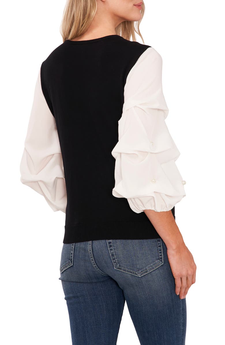 CeCe Colorblock Tucked Sleeve Cotton Sweater, Alternate, color, Rich Black