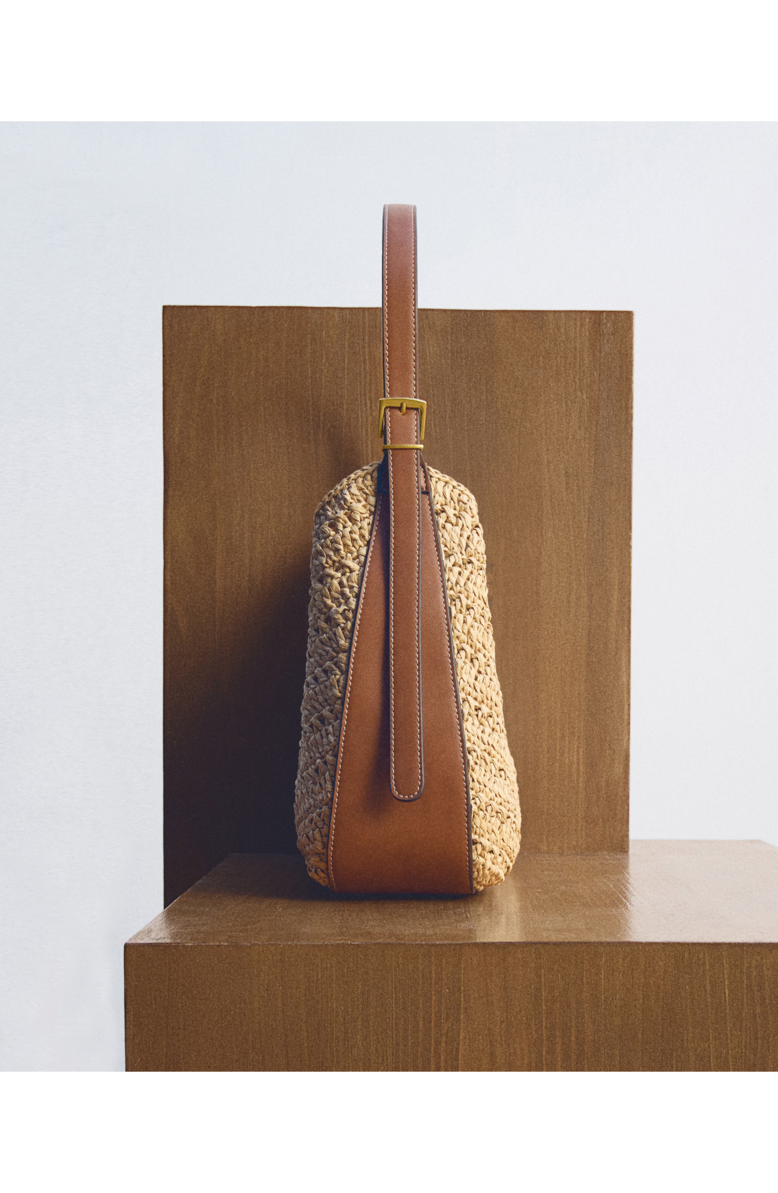 MANGO Woven Straw Shoulder Bag, Alternate, color, Beige Straw/ Brown Leather