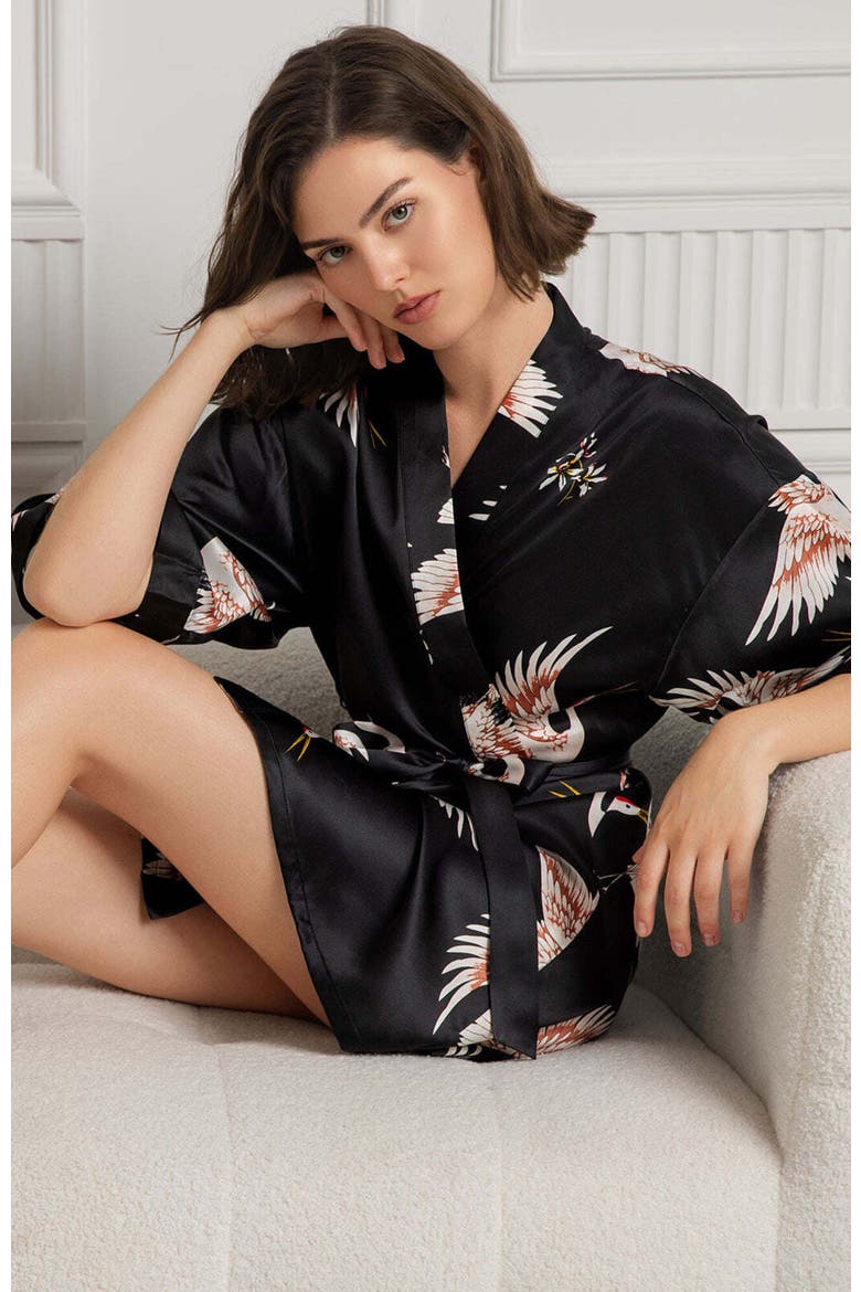 19Momme Pure Silk Printed Short Robe, Alternate, color, Black