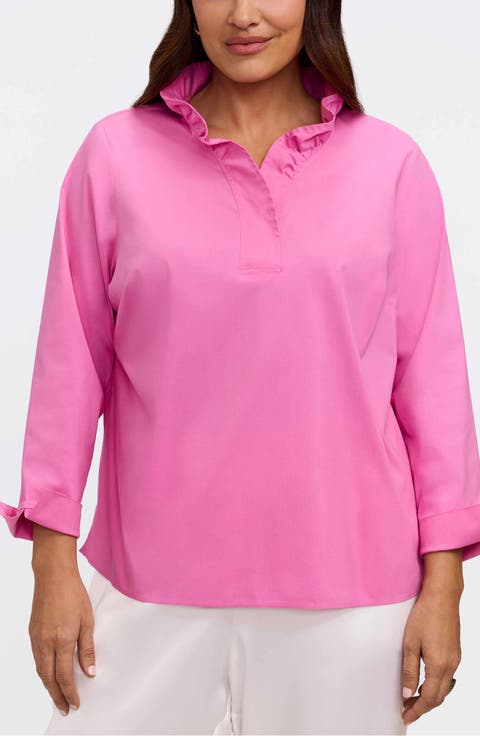 Tammy Ruffle Collar Cotton Blend Top (Plus)