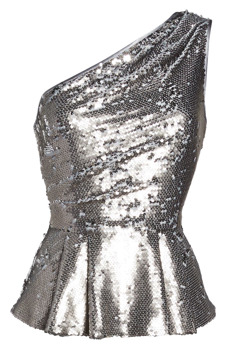 Eliza J One-Shoulder Sequin Peplum Top, Alternate, color, Silver