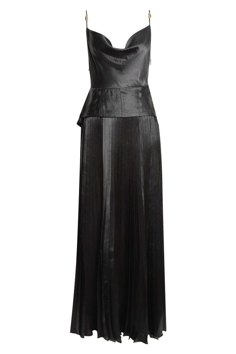 Cowl Neck Peplum Satin Gown, Main, color, BLACK