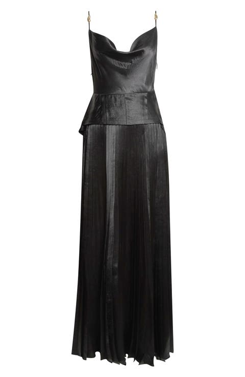 Cowl Neck Peplum Satin Gown