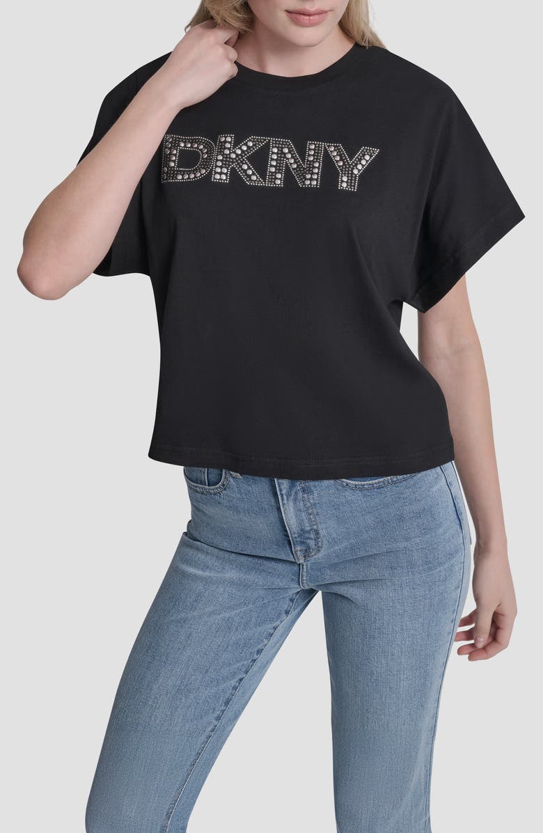 DKNY Bling Logo Cotton Blend Graphic T-Shirt, Main, color, Black