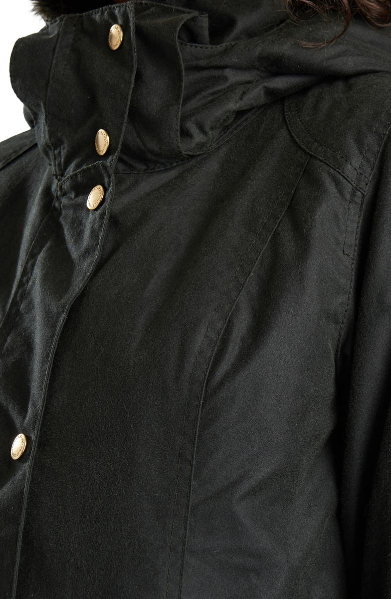 Barbour Thrunton Waxed Cotton Jacket with Faux Fur Trim, Alternate, color,