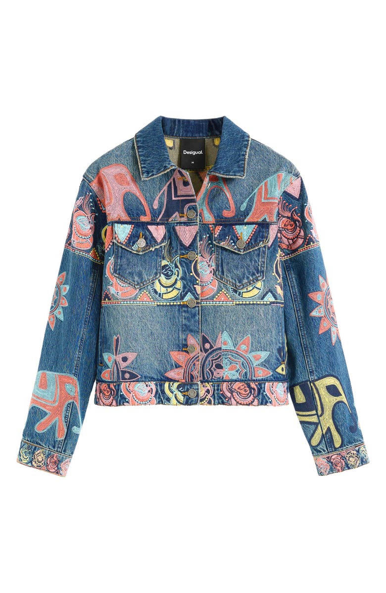 Desigual Embroidered Denim Trucker Jacket, Alternate, color, Medium Blue