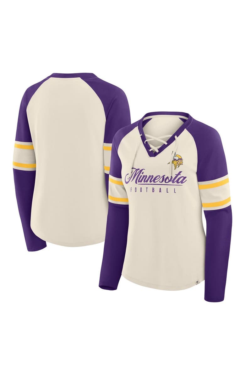 FANATICS Women's Fanatics Cream/Purple Minnesota Vikings Hometown Gridiron Hero Raglan Lace-Up V-Neck Long Sleeve T-Shirt, Main, color, Cream